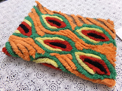 flame feathers vintage chenille bedspread fabric boho peacock plumes brown orange 14x20"