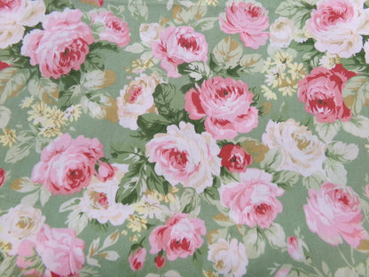 Vintage Cotton Quilt Fabric English Rose Floral Pink Green Shabby Chic Cottage 30" x 36"