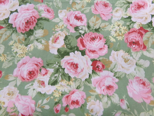 Vintage Cotton Quilt Fabric English Rose Floral Pink Green Shabby Chic Cottage 30" x 36"
