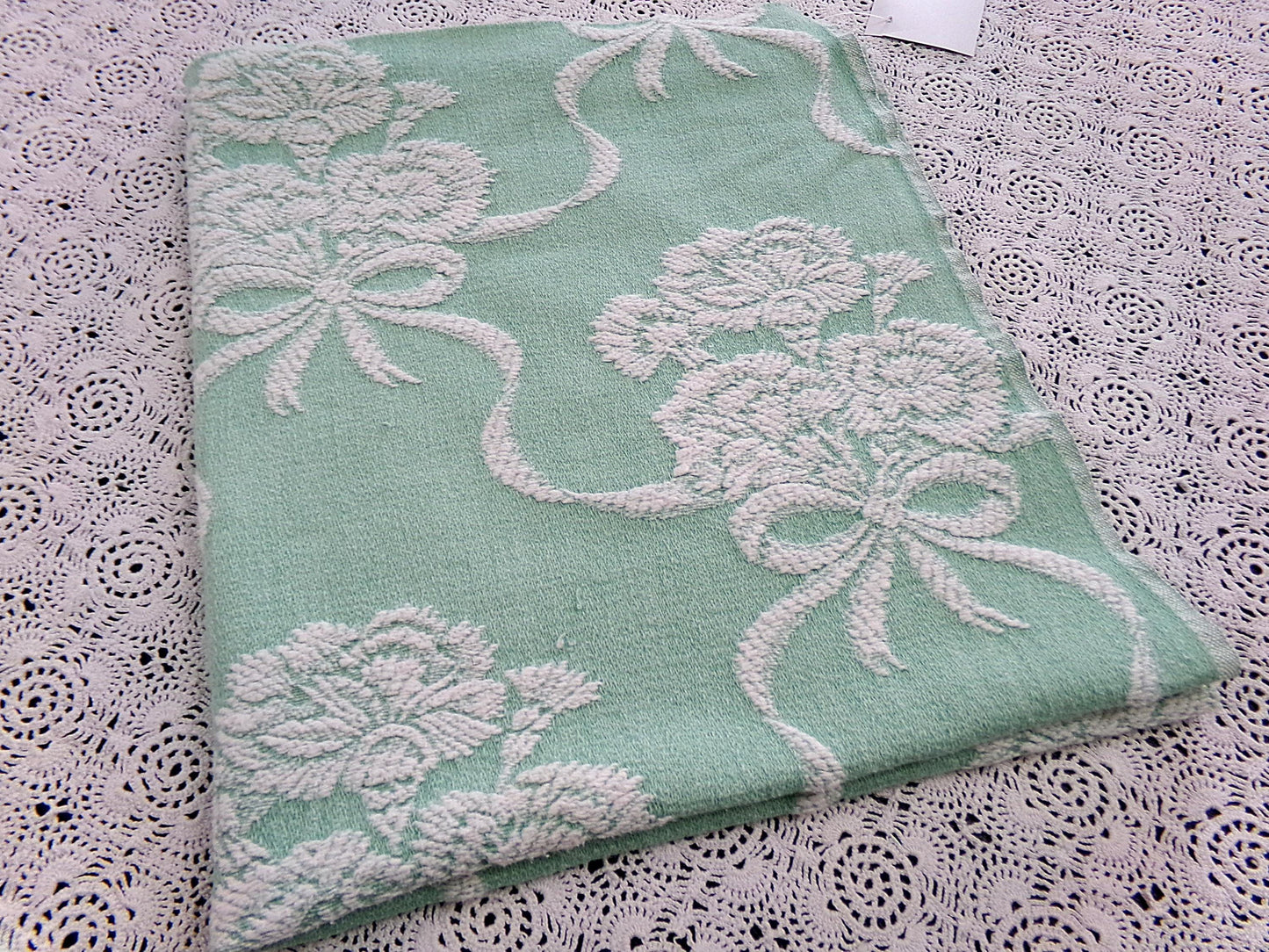 Shabby Floral Vintage Woven Fabric Piece Mint Green Carnation Flowers 20x24"
