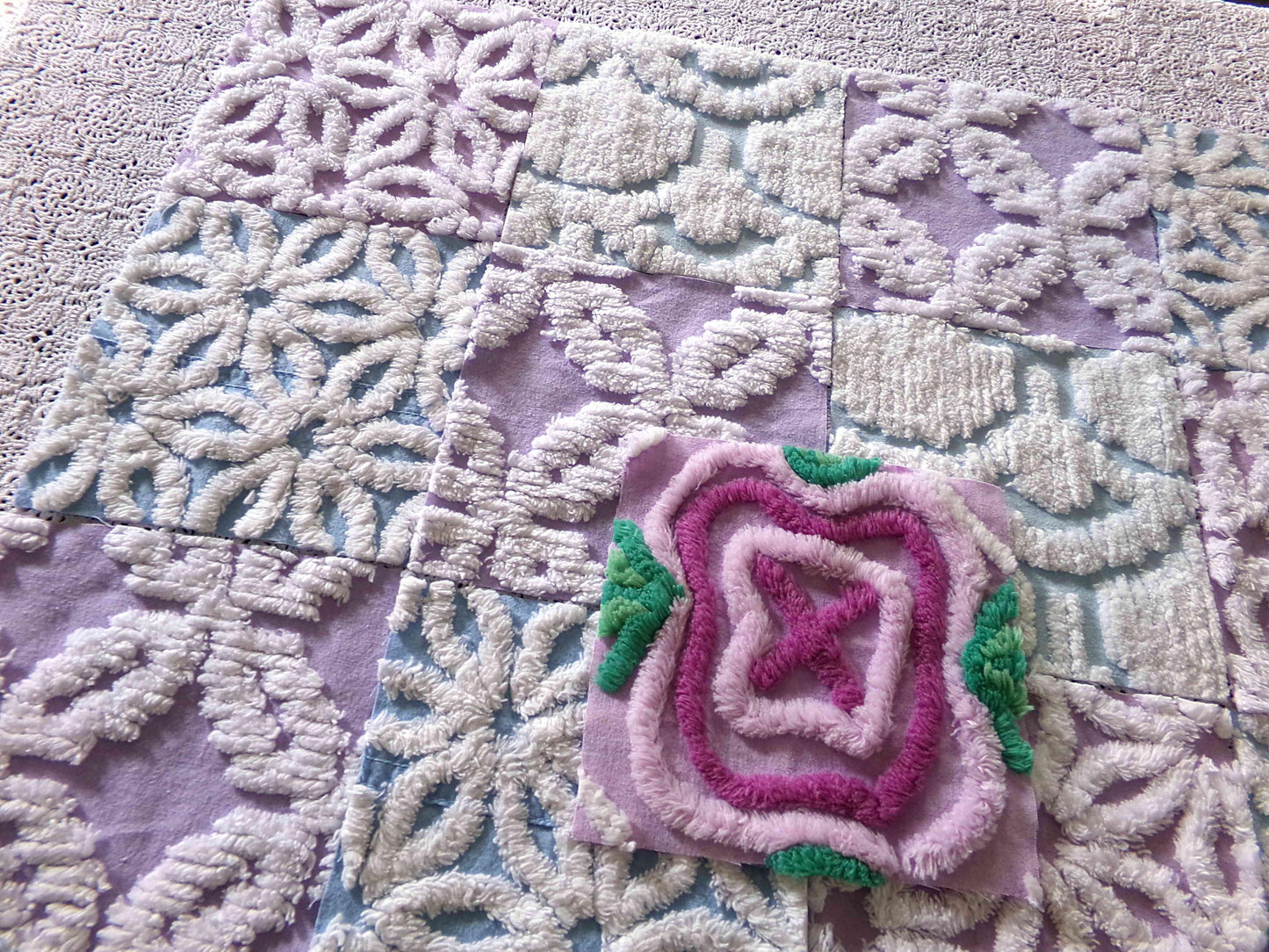 serene chenille fabric squares, dreamy blue, lilac & white, 17 vintage quilt blocks 6" x 6" inch, for pillows, quilting, crafts