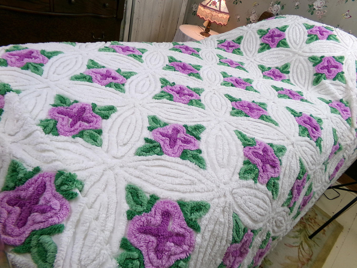 Lavender Cabbage Rose Blooms 1940s White Cotton Chenille Bedspread, FULL Size