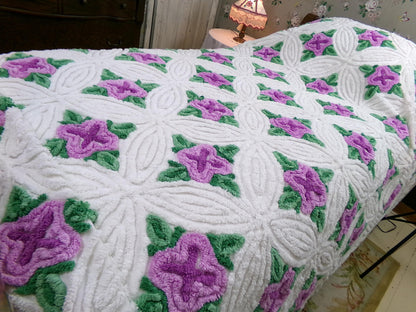 Lavender Cabbage Rose Blooms 1940s White Cotton Chenille Bedspread, FULL Size