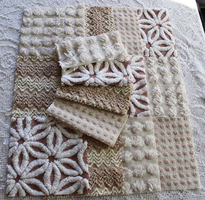 creamy vanilla mocha chenille fabric squares, set of 16 vintage quilt blocks 6" inches ea, daisy, squiggle, puffy pop texture