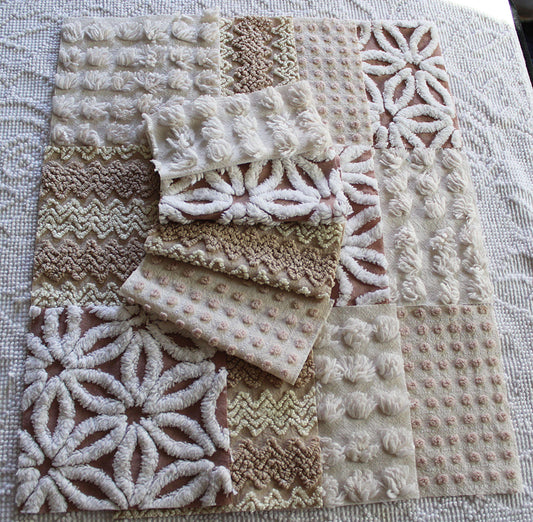 creamy vanilla mocha chenille fabric squares, set of 16 vintage quilt blocks 6" inches ea, daisy, squiggle, puffy pop texture