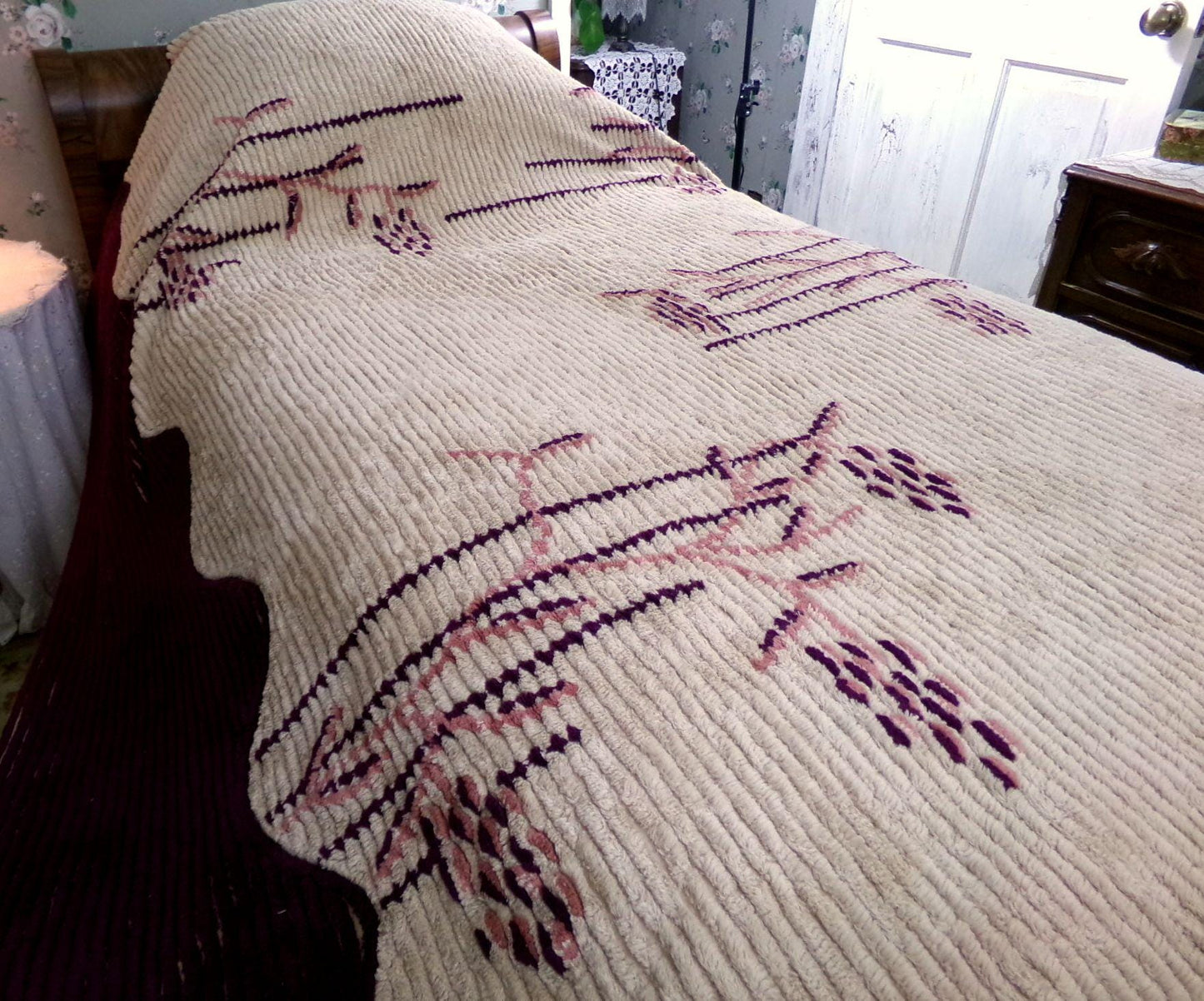 Shabby Cattails Vintage Chenille Bedspread in Art Deco Design, Honey Beige & Wine Twin Size Antique Bedding, #2