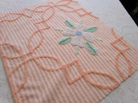 peach lily vintage chenille fabric w/ striking geometric accents, 20" x 24" piece of sewing material