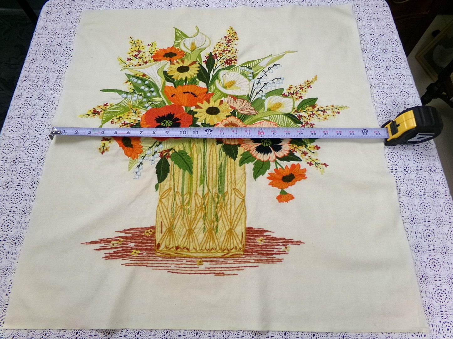 Boho Autumn Bouquet Finished Crewel Embroidery, Vintage Paragon Needlecraft 0408, Floral Wall Art