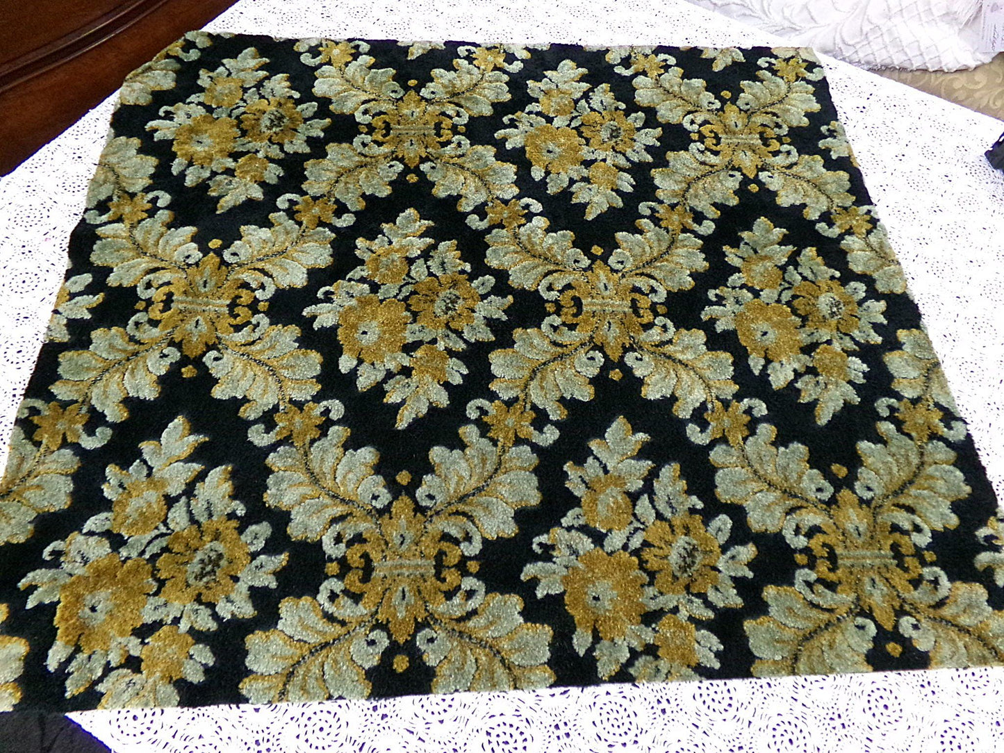 Vintage Damask Velvet Fabric Opulent Soot Black & Silver Grey Gold Upholstery Weight Small Pc 23x25"