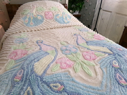 Pastel Peacock Vintage Chenille Bedspread, Boho Creamy Cotton Full Size