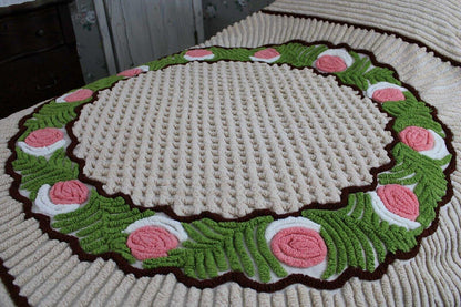 Shabby Sculpted Floral Cake vintage Mocha Chenille Bedspread ACRYLIC TRICEL, Twin Sz