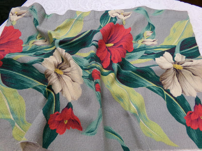 Bold Vintage Barkcloth Fabric Hawaii Hibiscus Pattern Gray Red Cream 19" x 27"
