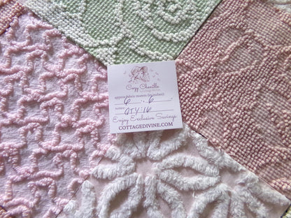 Garden Walk Chenille Quilt Squares Set from Vintage Bedspread Fabric, 16 Blocks, 6" inch in Sage Green, Pink, Rose Mist & Whispers of White