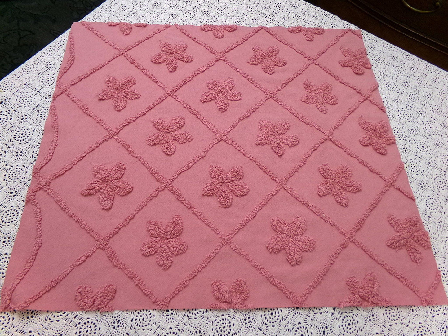 Vintage Chenille Fabric Dusty Rose Pink Tufted Floral Diamond Lattice Pattern 19x23"