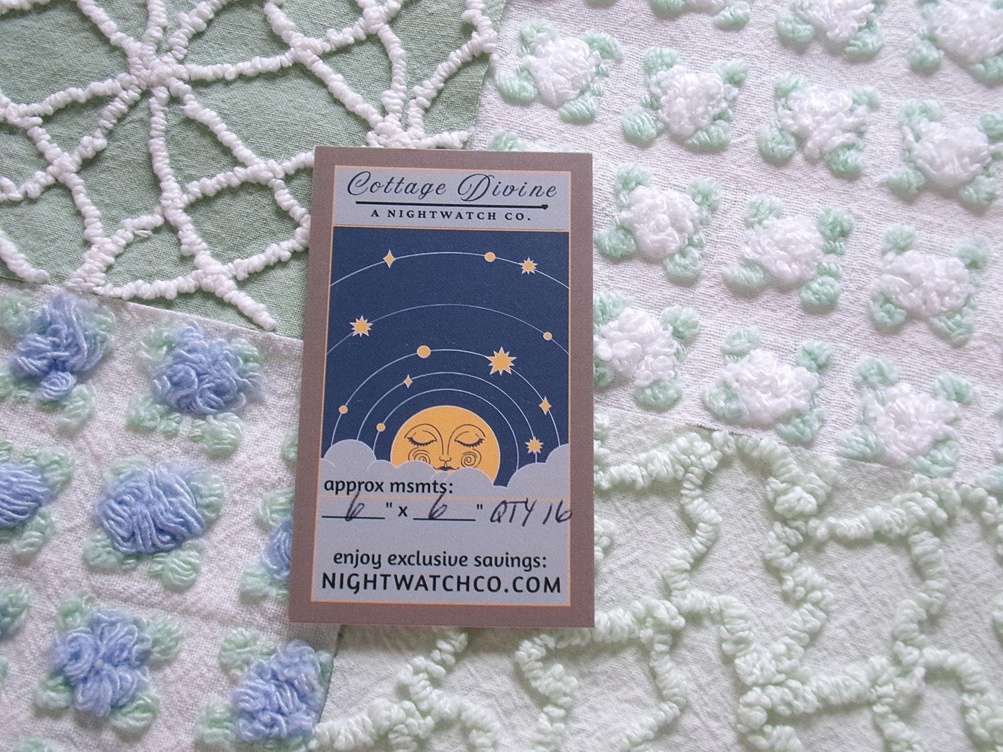 coastal wanderings vintage chenille fabric squares, 16 vintage 6" quilt blocks in natural green & white for sewing, crafts, fiber arts