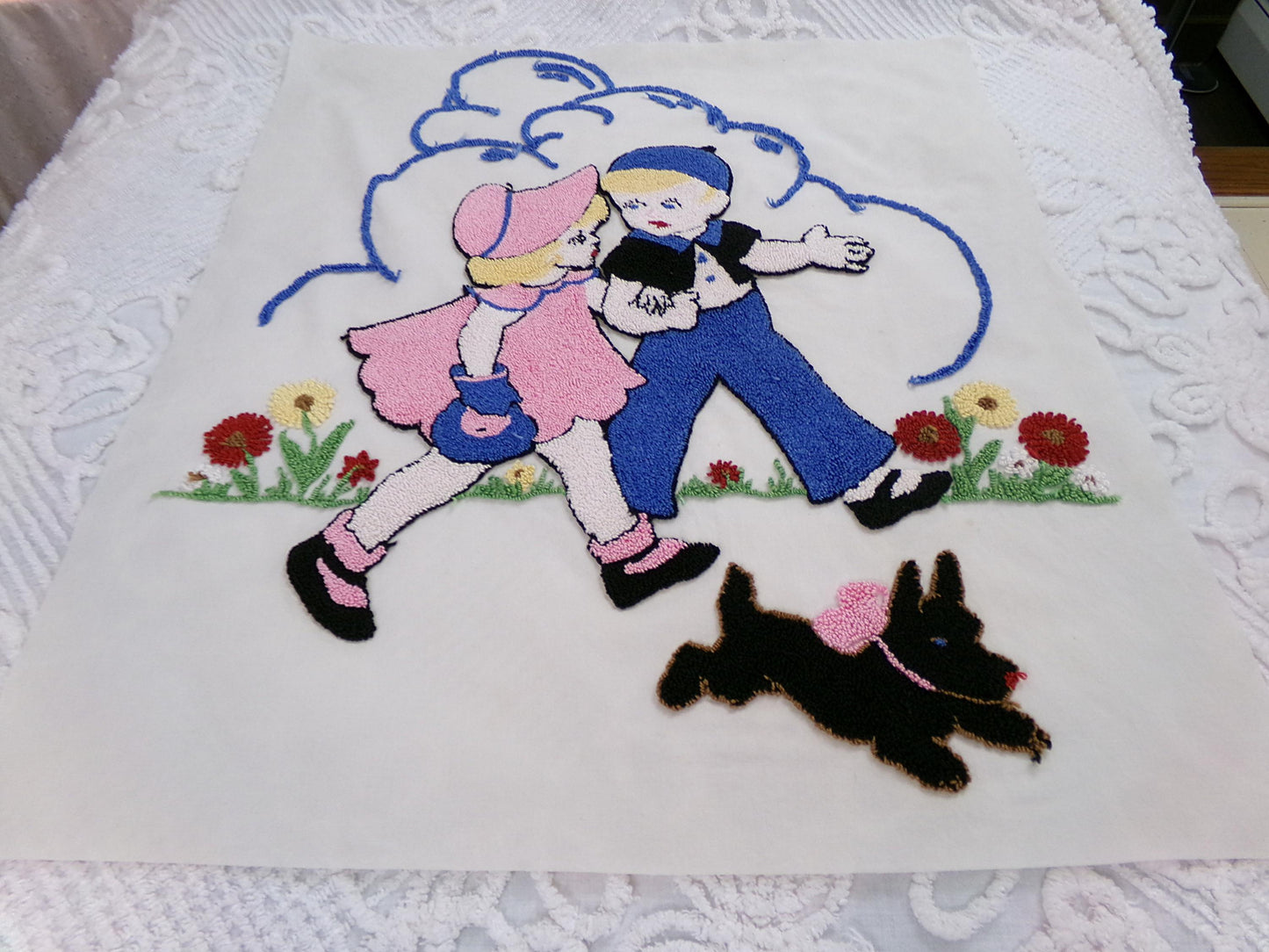 whimsical vintage chenille fabric panel: jack & jill storybook cute kids w/ scotty dog, 22" x 26" piece