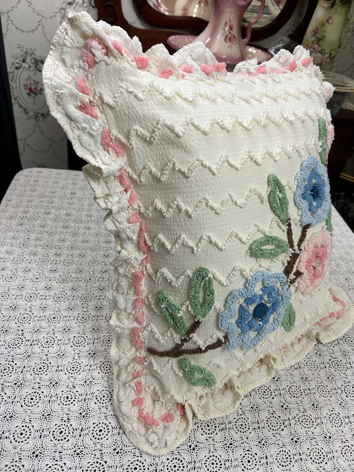 Floral Ruffled Vintage Chenille Pillow Cover 18" Square Seersucker