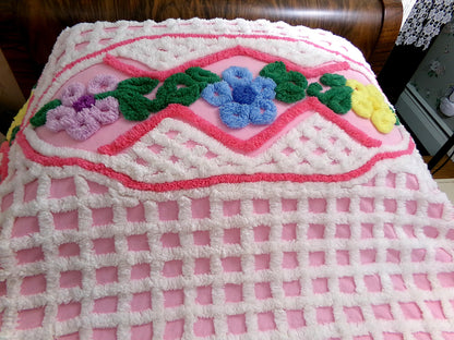 plush cupcake frosting vintage chenille bedspread, pink flower basket w/ cathedral stripes, girly cottage full size luxury cotton bedding