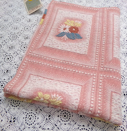 Vintage Pink Floral Fabric, Cotton Woven Cottage Windowpane Design 16.5x23"