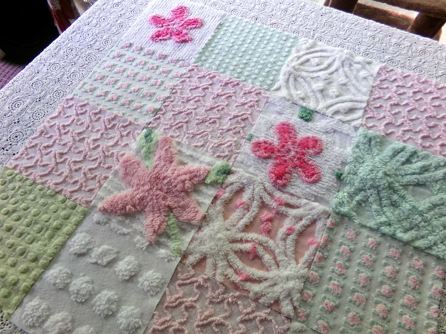 chenille 6" fabric squares, set of 16 vintage quilt blocks in joyful springtime colors of pink, green & white floral and geometric