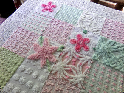 chenille 6" fabric squares, set of 16 vintage quilt blocks in joyful springtime colors of pink, green & white floral and geometric