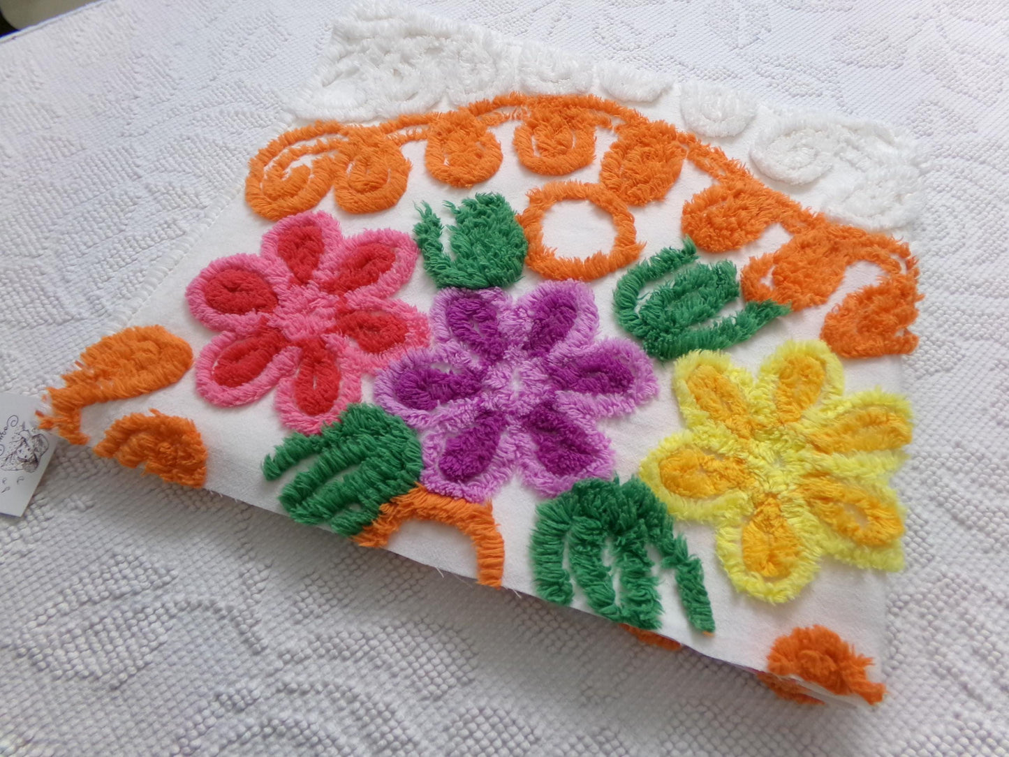 orange & white vintage chenille bedspread fabric, abstract swirl floral design, 25" x 23"