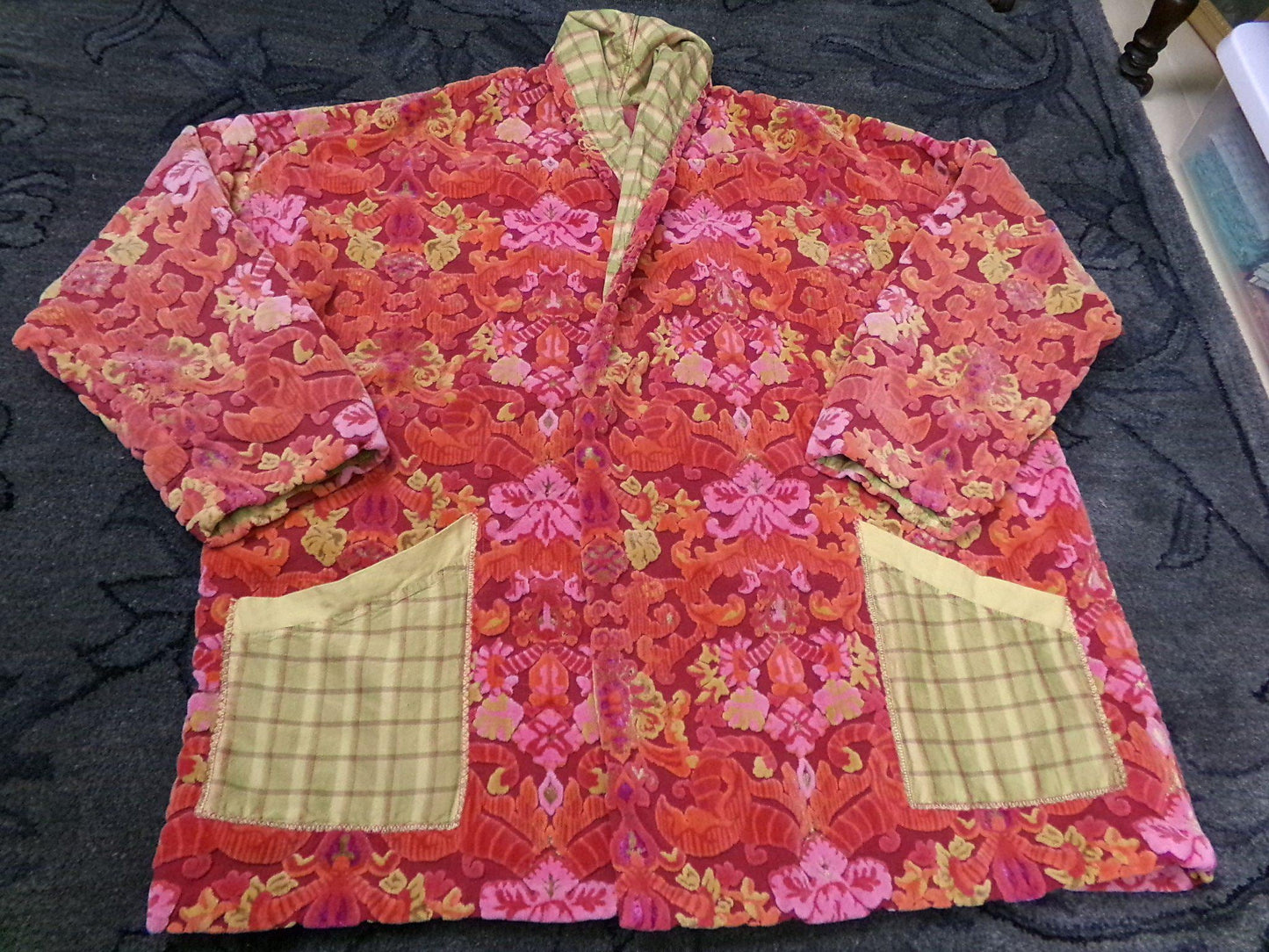 Vintage Bates Velvet Chenille Jacket Handmade Oversized Womens Red Baroque Damask Boho Style, s/m/l/xl