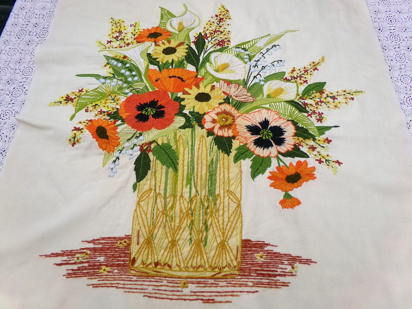 Boho Autumn Bouquet Finished Crewel Embroidery, Vintage Paragon Needlecraft 0408, Floral Wall Art