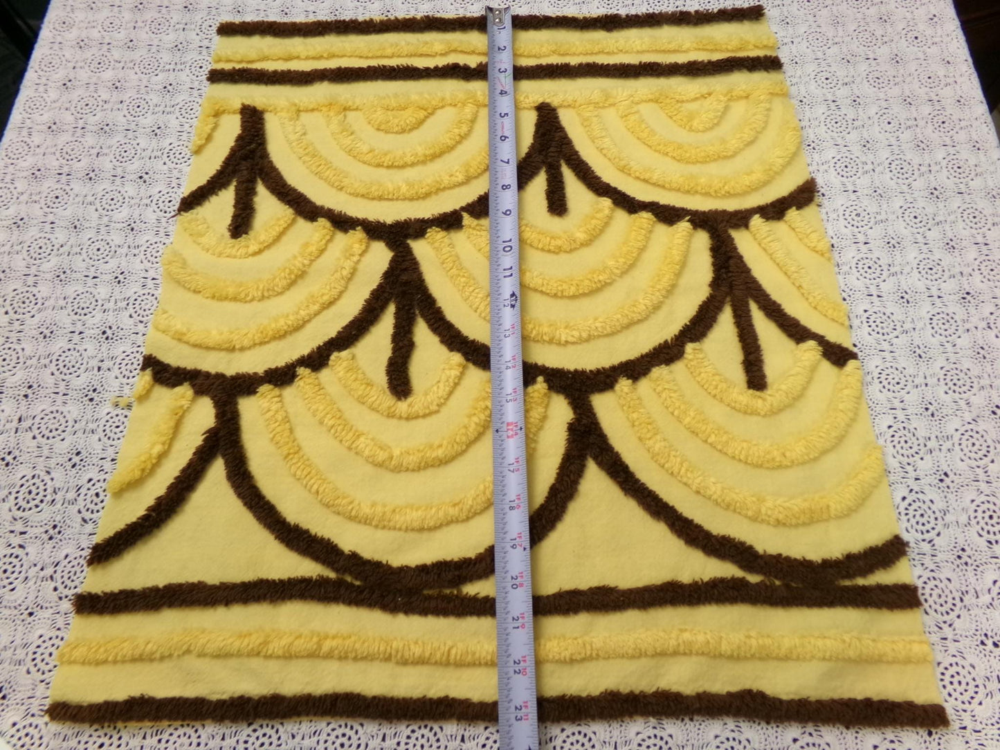 Vintage Chenille Bedspread Fabric Yellow Brown Swag Scallop 18x22.5" Piece Quilt Sewing Material
