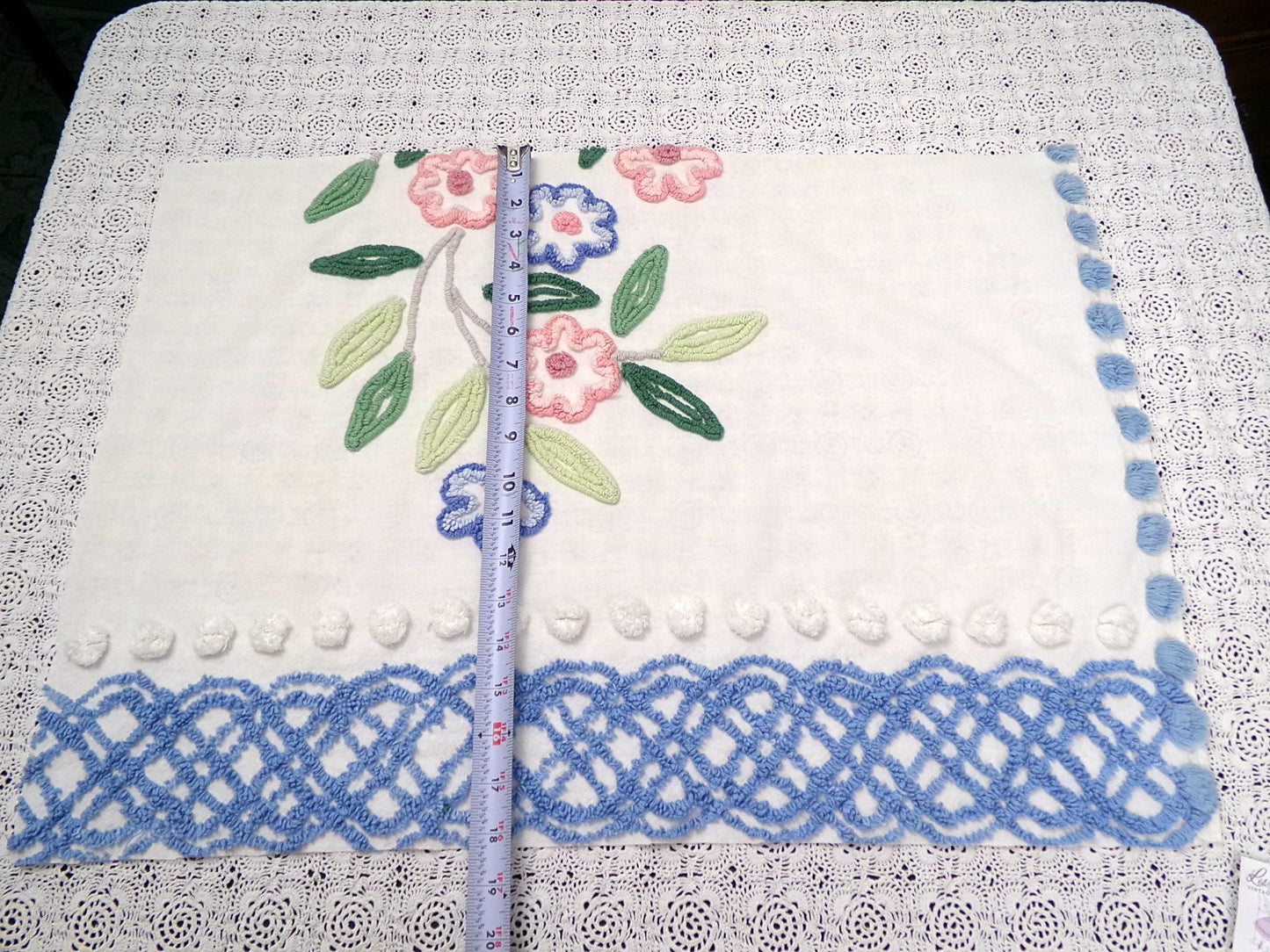 shabby chic vintage chenille bedspread fabric 17.5x24" blue white floral