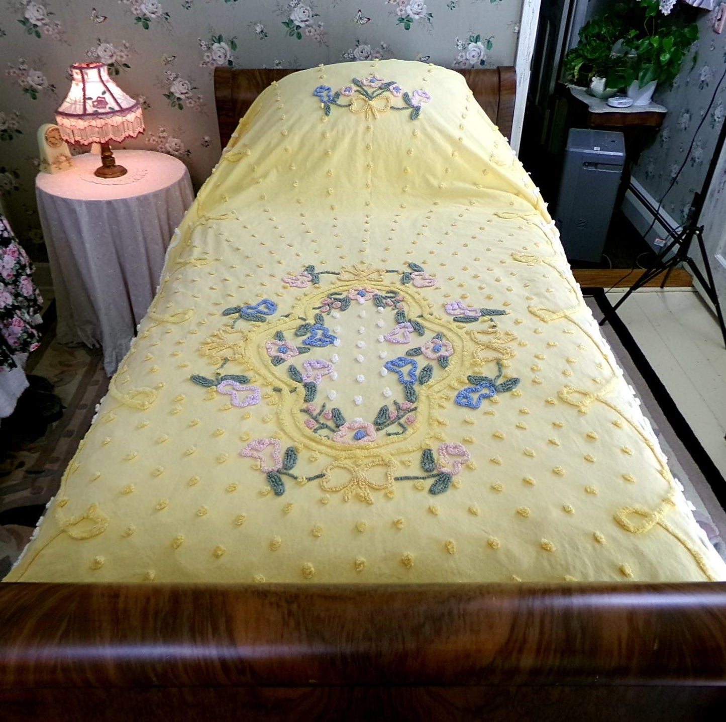 Sunny Floral Vintage Chenille Bedspread, Cotton Summer Coverlet, Twin Sz Bedding