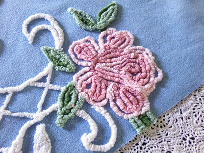 shabby chic pink rose vintage chenille fabric, pretty blue background, dainty white scrollwork, 18" x 22" piece of sewing material