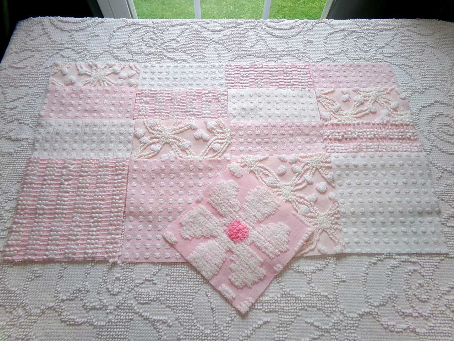 peaceful pinks vintage 6" chenille fabric squares, set of 17 vintage cottage chic quilt blocks for quilting, sewing & crafts