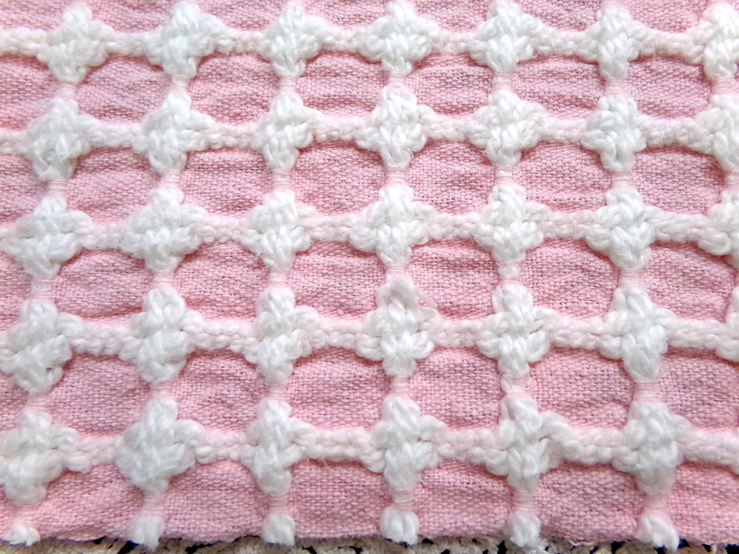 Carnation Pink White Vintage Woven Chenille Fabric Lady Galt Honeycomb Crosses 22x24"