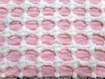 Carnation Pink White Vintage Woven Chenille Fabric Lady Galt Honeycomb Crosses 22x24"