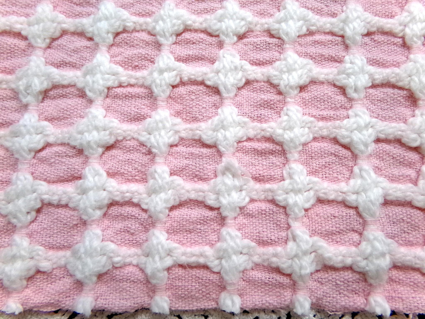 Carnation Pink White Vintage Woven Chenille Fabric Lady Galt Honeycomb Cross 22x24"