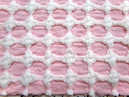 Carnation Pink White Vintage Woven Chenille Fabric Lady Galt Honeycomb Cross 22x24"