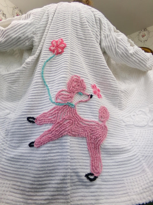 Vintage Pink Poodle Chenille Robe | Plus Size Women's White Cotton Bathrobe | Upcycled from Retro Bedspread | Novelty Dog Design XL XXL