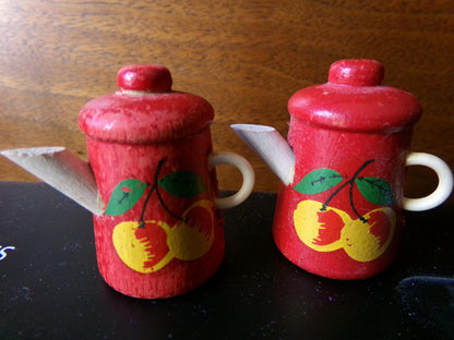 vintage curtain pinbacks pushpins, MCM 1940s wood coffee pot with cherries