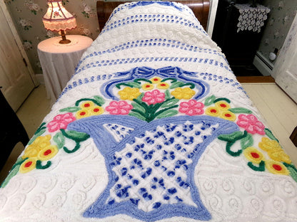 bring me joy vintage chenille bedspread, colorful sprawling blue flower basket on white, retro cottage style full size cotton bedding