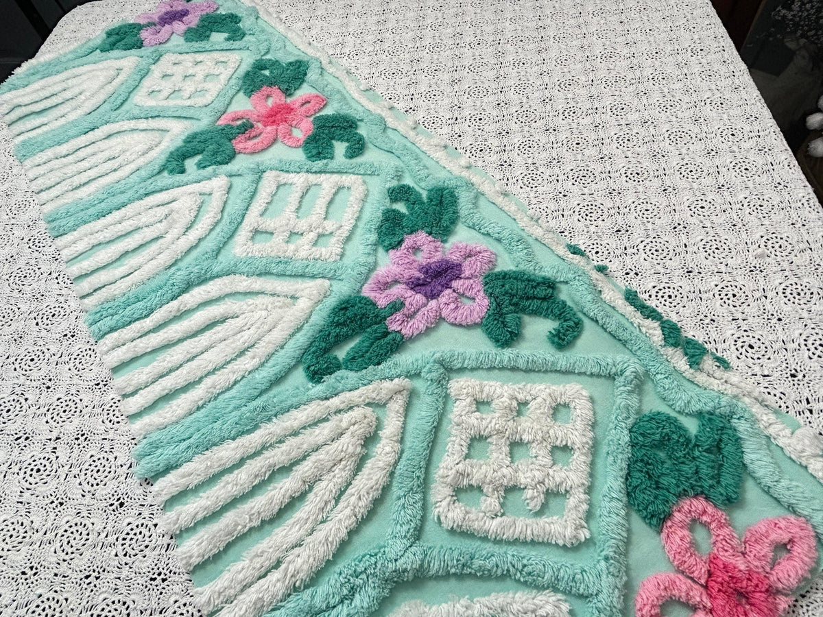 Seafoam Green Vintage Chenille Fabric, Plush Tropical Flowers 13x34" Piece
