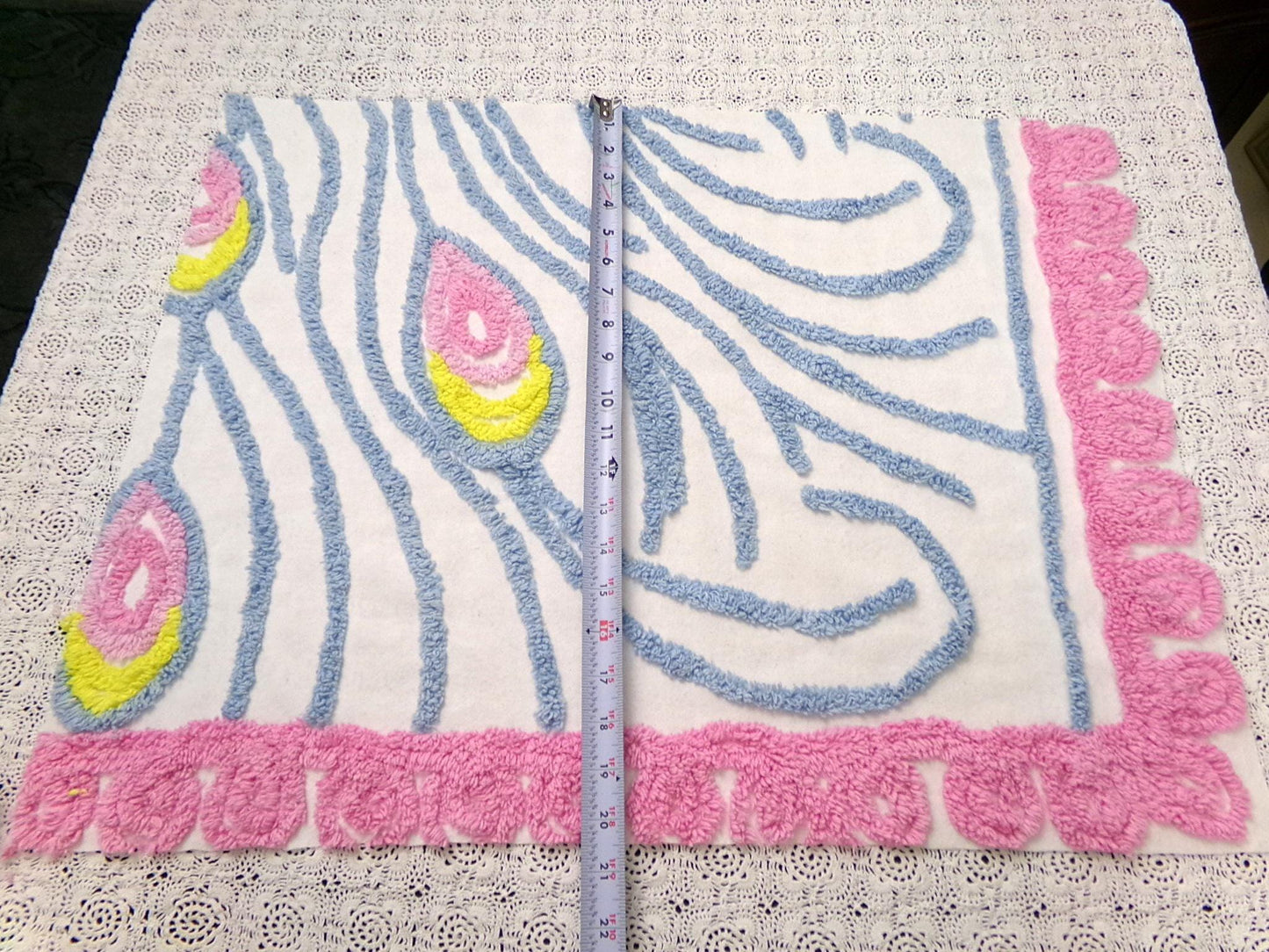 vintage style chenille bedspread fabric boho peacock feathers pink blue 19x26"