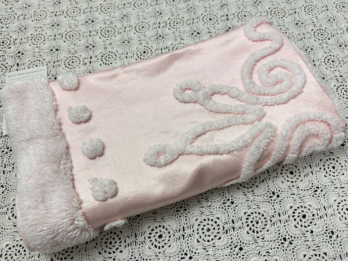 Pink Satin Vintage Fabric, Shabby Tufted Chenille 24x23" Sewing Craft Textile