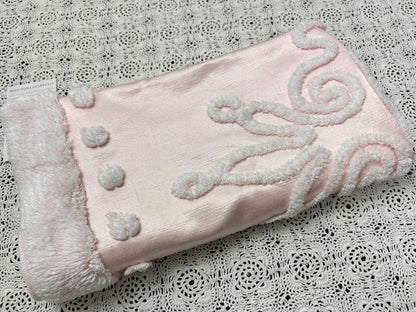 Pink Satin Vintage Fabric, Shabby Tufted Chenille 24x23" Sewing Craft Textile
