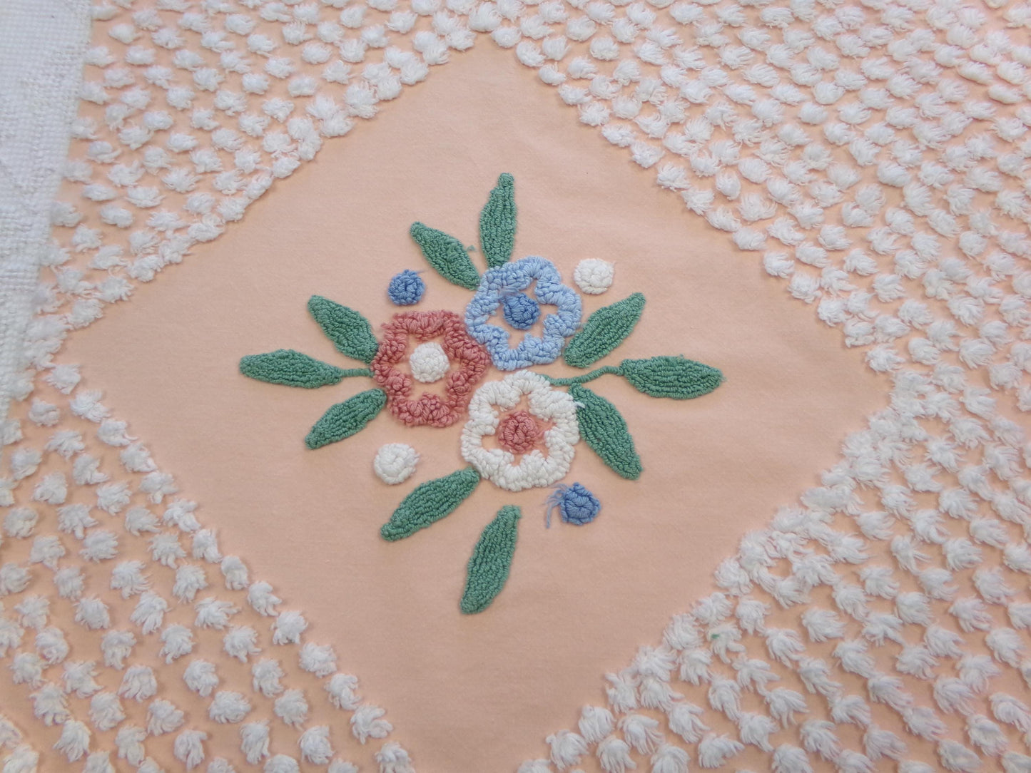 Vintage Peach Chenille Fabric Floral White Puff Tufts, Quilting Crafts Cottage Chic Bedspread Material Upcycle Sewing Supply, 26" x 27"