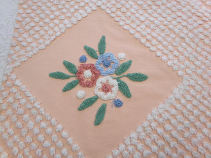Vintage Peach Chenille Fabric Floral White Puff Tufts, Quilting Crafts Cottage Chic Bedspread Material Upcycle Sewing Supply, 26" x 27"