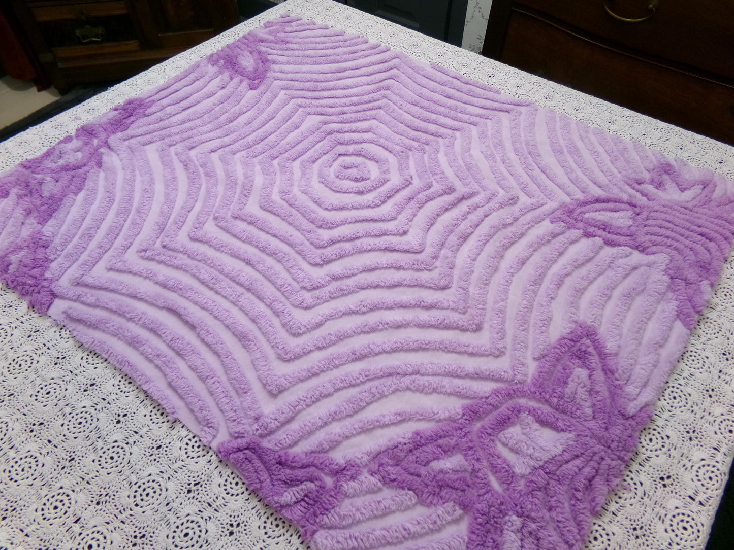 Hypnotic Spiderweb Vintage Chenille Fabric Piece Lavender 23x27" Mesmerizing Design