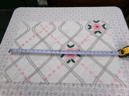 Romantic Rose Vintage Chenille Bedspread Fabric Dove Grey, Pink White Quilt Material 16" x 24"