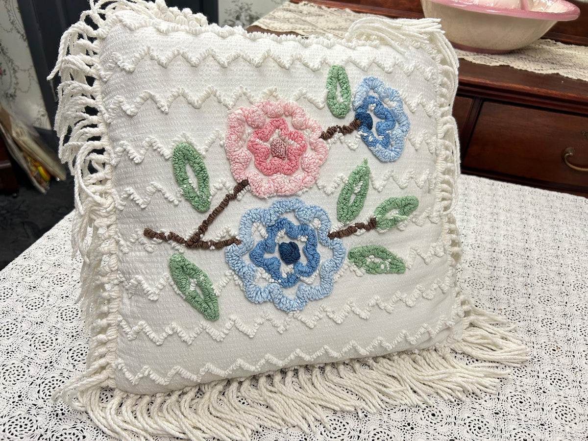 Vintage Floral Chenille Pillow Cover, Shabby Chic Reversible 16" Square Design