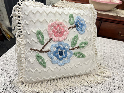 Vintage Floral Chenille Pillow Cover, Shabby Chic Reversible 16" Square Design